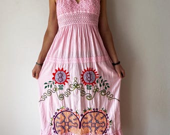 Shipibo Pink Cotton Hand Embroidered Bobinsana Ajo Sacha Kené Halter Dress