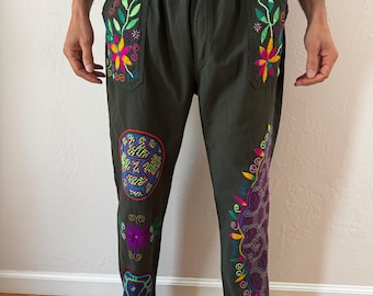Shipibo Dark Olive Green Cotton Hand Embroidered Ayahuasca Icaros Kené Ceremony Pant Men size M