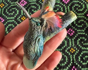 Pipa de rapé Kuripe Colibrí con Piedra Serpentina y Cuarzo Verde