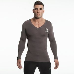 DEMIG Mens Gray Long Sleeve Shirt V Neck Compression Baselayer Bamboo Fabric