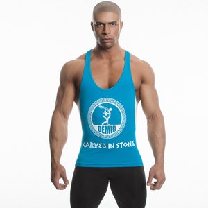 DEMIG Herren Bambus ausgestattet Graphic Stringer Tank Tops DRIFIT Racerback-Blau / Weiß