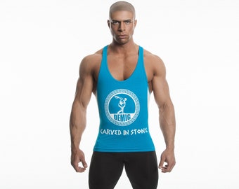 DEMIG Mens Bamboo Fitted Graphic Stringer Débardeurs DRIFIT Racerback-Bleu / blanc