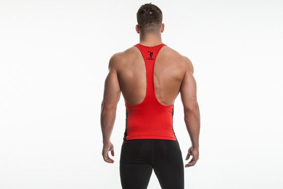 DEMIG Mens Bamboo Fitted Graphic Stringer Tank Tops DRIFIT Racerback-red /  Black 