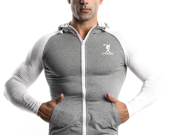 Mens Gray Muscle Fitted Zip-Up Hoodie