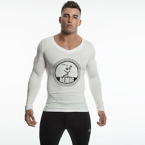 DEMIG Mens White Long Sleeve Shirt V Neck Compression Baselayer Bamboo Fabric