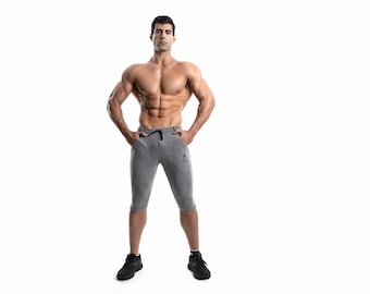 Men's Gray Capri Yoga Pants: Organic Cotton Athletic Joggers