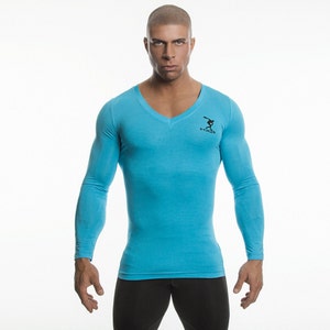 DEMIG Mens Long Sleeve Shirt V Neck Compression Baselayer Bamboo Fabric - Turquoise/ blue