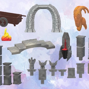 May include: A set of miniature dungeon and dragon accessories, including a stone archway, a bridge, a cart, a fire, a gargoyle, a tower, and a creature.