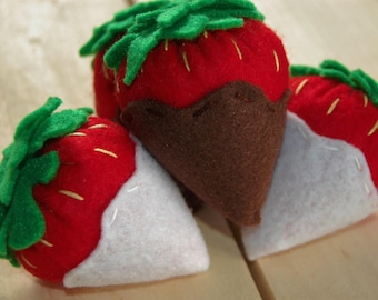 Felt Strawberries, Felt Chocolate Covered Strawberries, Spring Toy, Summer Toy, Felt Food, Gifts for Kids