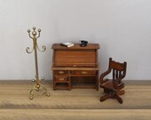 Vintage Dollhouse Furniture Dollhouse Office Roll Top Desk Swivel Office Chair Coat Rack Doll house Miniatures Dollhouse Office Room