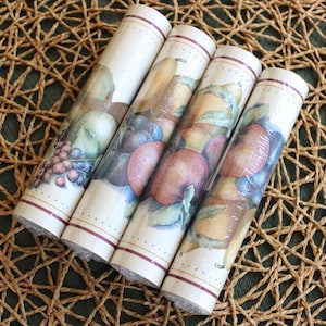 Quattro rotoli di carta da parati a forma di frutta NOS, bordi per artigianato, diari di scarto, scrapbooking, artigianato di carta