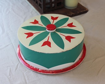 Vintage Metal Cake Tin Carrier Dome: Tulip Pattern