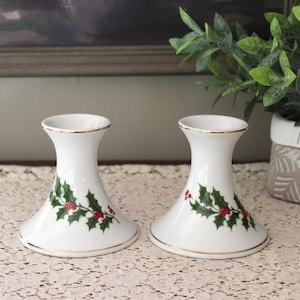 Set Of two Vintage Porcelain Christmas Holly Candle Stick Holders Holly Candle Holders Japan