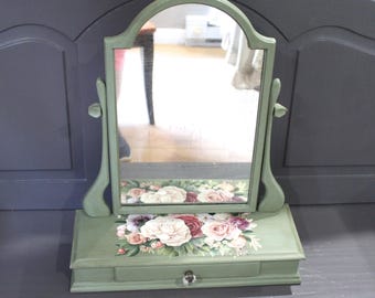 Vintage Wood Vanity Mirror With Drawer Refinished Moss Green floral Design