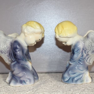 Two Vintage Antique Ceramic Angel Planters Crackle Finish Blue Angels Mid Century Pottery