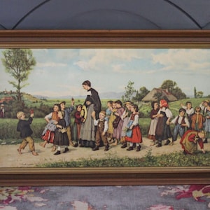 Vintage Albert Anker Large Framed Print Sunday School Walk 18 x 10 Print 50's-60s