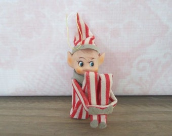 Vintage Knee Hugger Elf Ornament Vintage Elf Ornament Vintage Christmas Decoration. Japan.