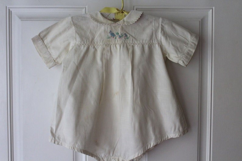 Vintage Linen Baby Girl Onesie Darling Baby Romper White With Embroidery