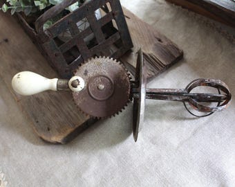 Vintage Primitive Hand Mixer Wood & Metal Rusty Crusty Vintage Kitchen Tool Egg Batter Beater
