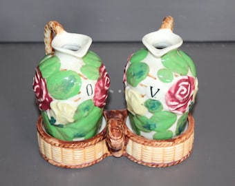 Vintage Cruet Set Porcelain Floral Oil & Vinegar Pitchers Japan