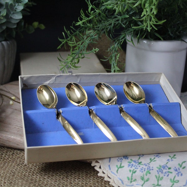 1847 Roger Bros. Silver Plate Gold 4 Piece Demi-Tasse Spoon Set Small Cup Espresso Spoons