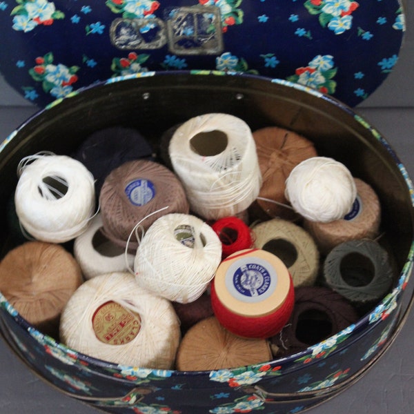 Vintage Basket Tin Filled With Old Thread Spools Various Colors