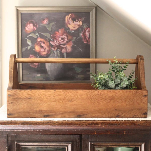 Large Salvaged Vintage Rustic Solid Wood Tool Box Caddy
