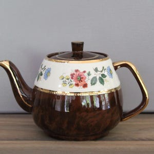 Vintage Teapot Floral Tea Pot English Pottery Teapot Made England Brown Whit Gold