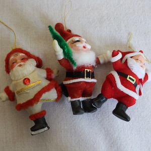 3 Vintage Flocked Santa Claus Ornaments Retro Santa Ornaments Vintage Christmas Ornaments
