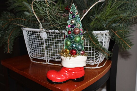 Vintage Santa Boot With Decorated Bottle Brush Tree Vintage Etsy