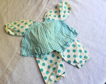 Vintage Doll Clothes Doll 2 Piece Polka Dot Gingham Outfit Vintage Pink Doll Pajamas Doll Clothing