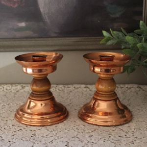 Pair Vintage Wood & Copper Candlestick Holders Candleholders