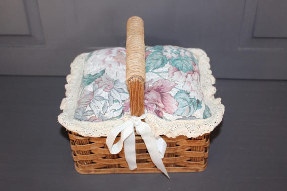 Vintage Wicker Sewing Basket with Floral Fabric & Lace Lid