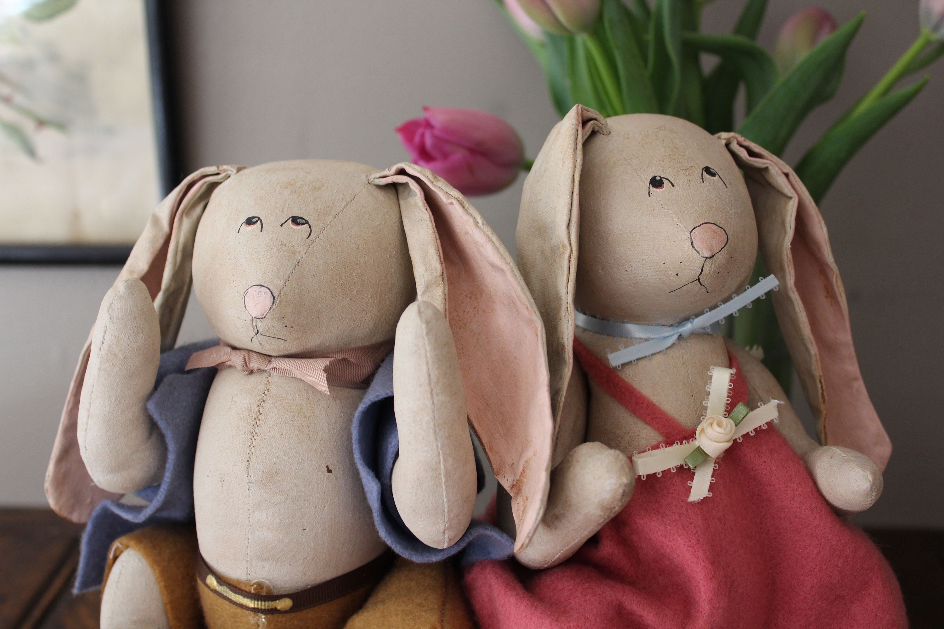 Two Vintage Fabric Bunnies Easter Spring Bunnies Handmade Etsy