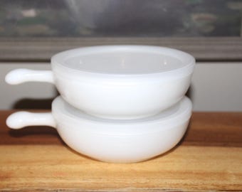 Set Of Two Vintage Crocks White Milk Glass Soup Crock Handled Bowls
