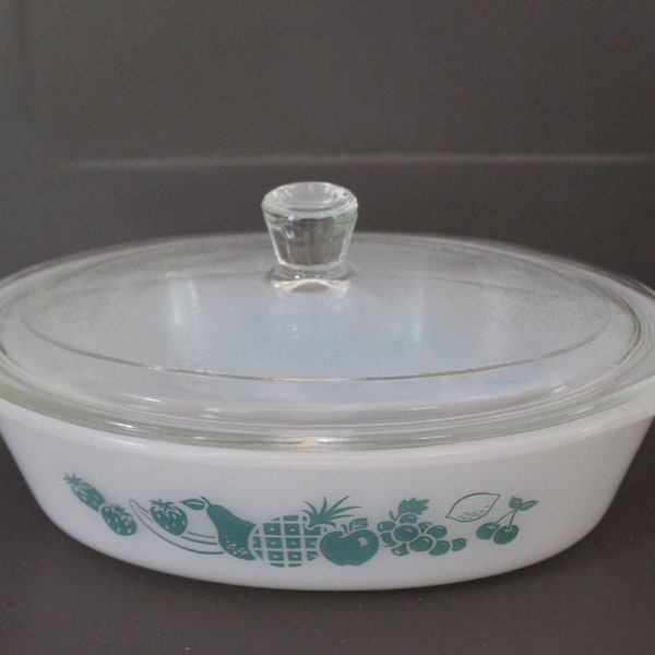 Vintage Aqua Glasbake Oval Casserole Dish With Lid Aqua Fruit Design