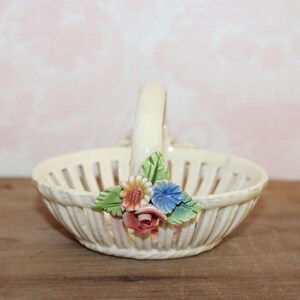 Vintage Miniature Porcelain Trinket Basket Ring Basket Sculpted Floral Porcelain