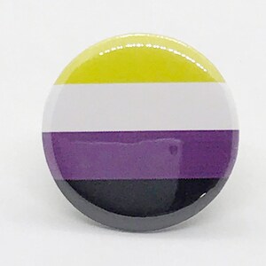 May include: A round button with the colors of the asexual pride flag. The flag has four horizontal stripes: yellow, white, purple, and black.