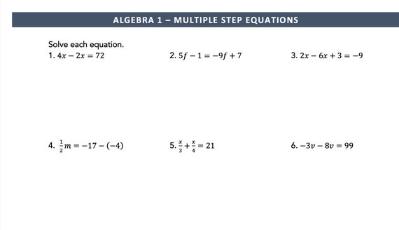 Algebra 1 Multi Step Equations Worksheets