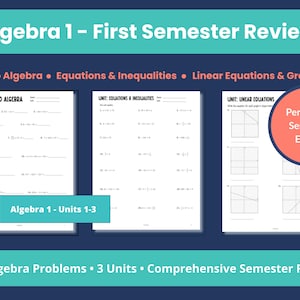 Op de afbeelding: Werkbladen voor de Algebra 1-examen van het eerste semester. De afbeelding toont drie pagina's met algebra-opgaven, waaronder vergelijkingen, ongelijkheden en grafieken. De tekst bevat "Intro to Algebra", "Equations & Inequalities" en "Linear Equations & Graphing".