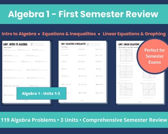 May include: Algebra 1 First Semester Review worksheets. The image shows three pages of algebra problems, including equations, inequalities, and graphing. The text includes "Intro to Algebra," "Equations & Inequalities," and "Linear Equations & Graphing."