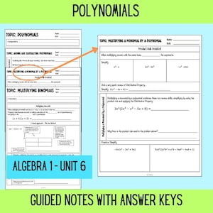 Polynomials Algebra Math Notes and Worksheets, Complete Algebra Unit, Multiplying Binomials, adding and subtracting polynomials