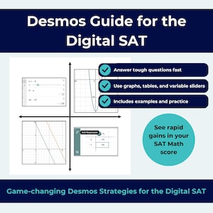 May include: A graphic promoting "Desmos Guide for the Digital SAT." The image features mathematical graphs, tables, and text that reads "Answer tough questions fast," "Use graphs, tables, and variable sliders," and "Includes examples and practice."