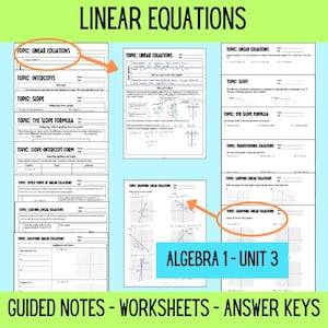 Linear Equations and Graphing Pre-Algebra Algebra, Math Notes and Worksheets, Complete Algebra Unit, Graphing, Slope-intercept, Point-slope