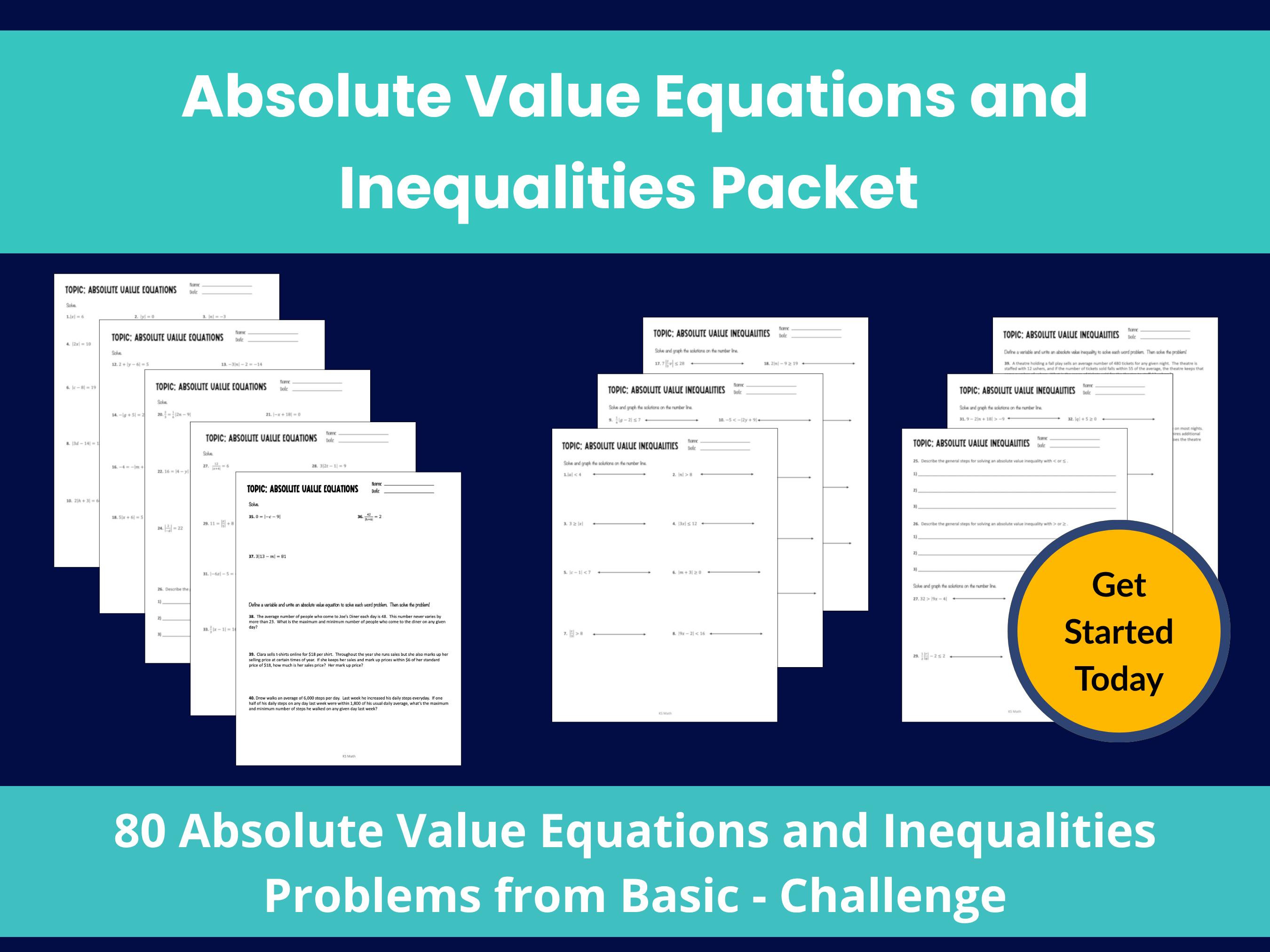Absolute Value Equations and Inequalities Worksheets: Algebra 1 Practice  (PDF) - Etsy, image size:2700x2025