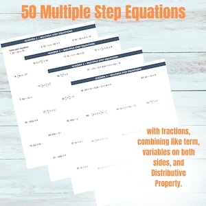 Multiple Step Equations, Homeschool Math, Middle School Math, Math Practice, Math Worksheet, Algebra, Algebra Worksheet, Solving Equations