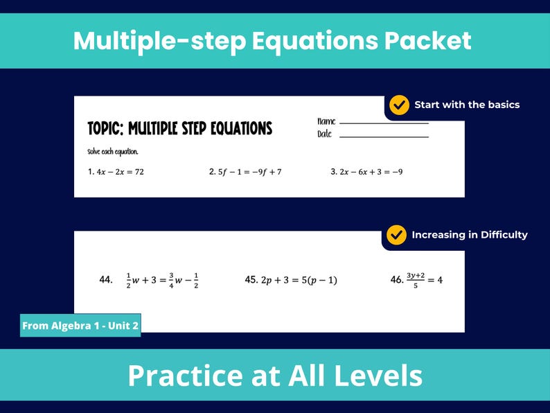 Several Math Rquations Worksheets Multiple Step Equations Worksheet: Algebra & Middle School Math (PDF ...