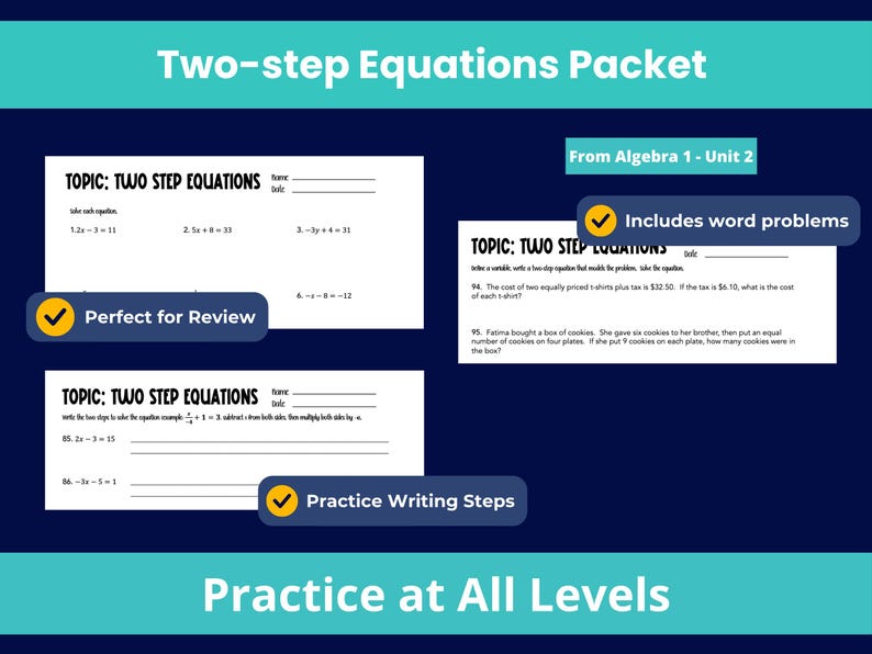 Two-Step Equations Worksheet: Algebra Math Practice (PDF) image 2
