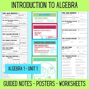 Introduction to Algebra Pre-Algebra, Math Notes and Worksheets, Complete Algebra Unit, Properties, Simplify, Evaluate, Words to Symbols,