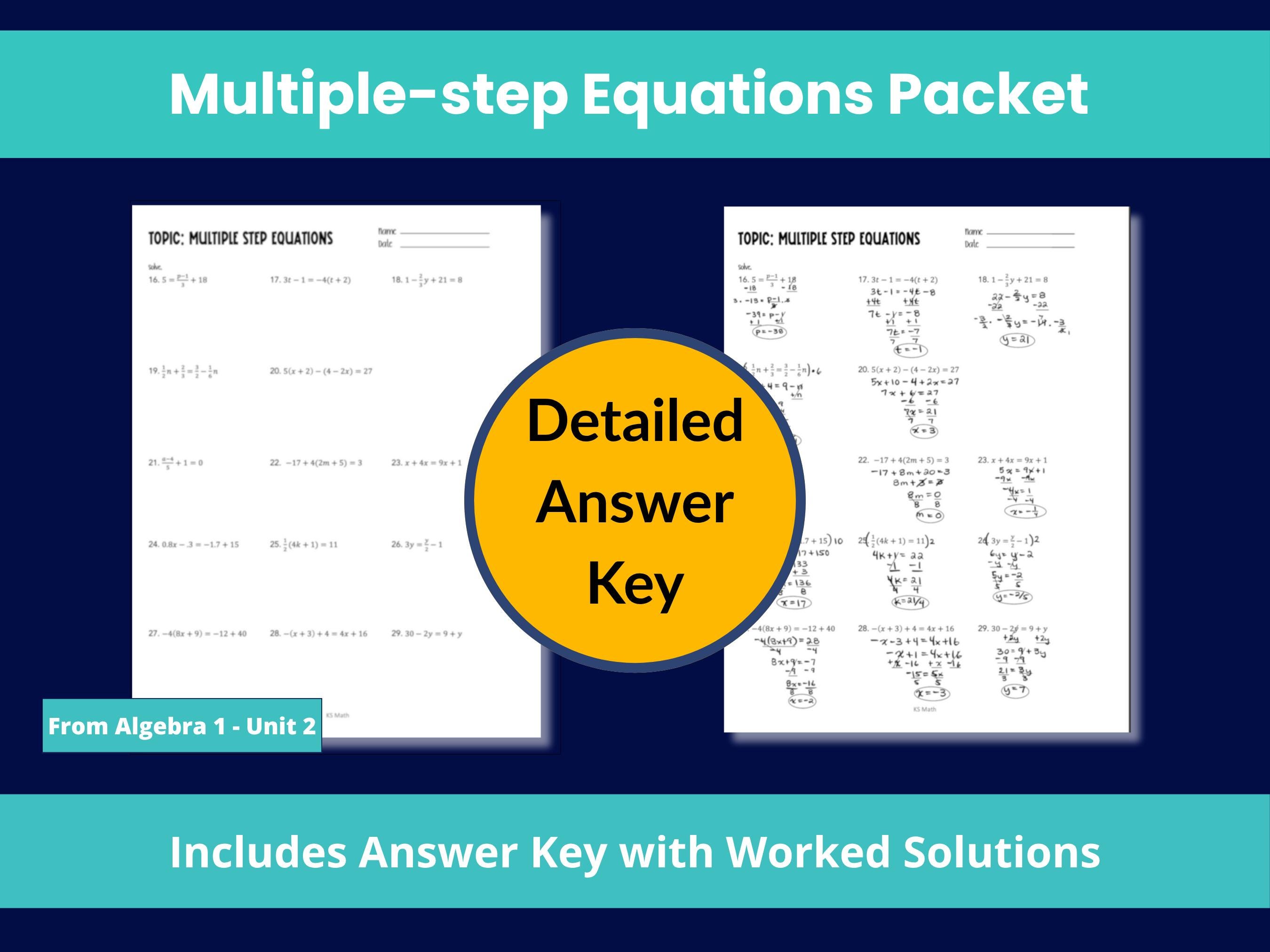 Multiple Step Equations Worksheet: Algebra & Middle School Math (PDF ...